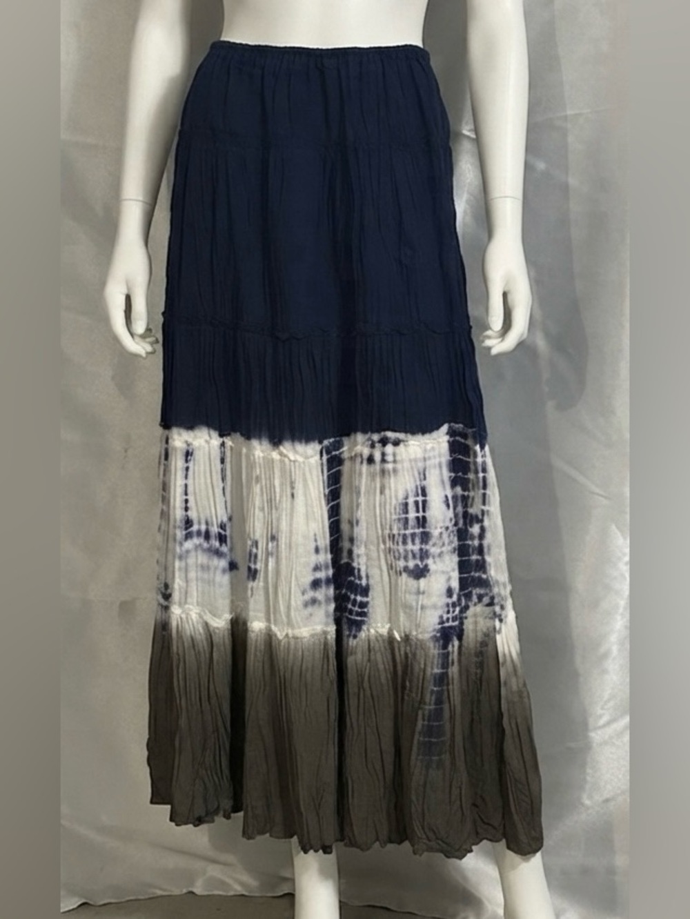 Style & Co. Navy Tie-Dye Tiered Maxi Skirt with White and Gray Panels